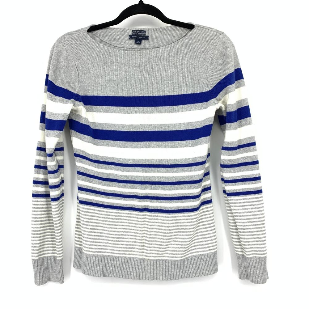 Tommy Hilfiger Pima Cotton Pullover Sweater Womens Size M Blue Gray Striped